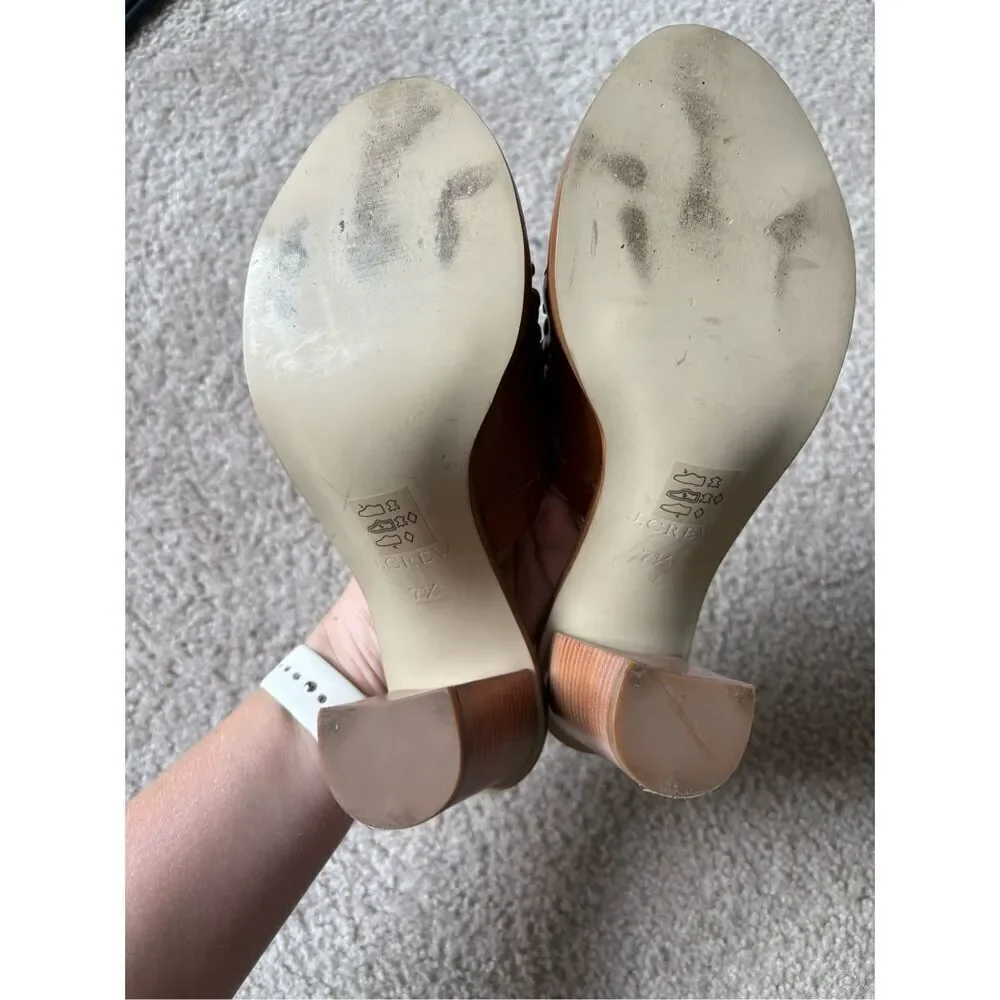 J. Crew Marlow Huarache Leather Mules Sandals size 7.5 Block Wood Heel‎ Brown